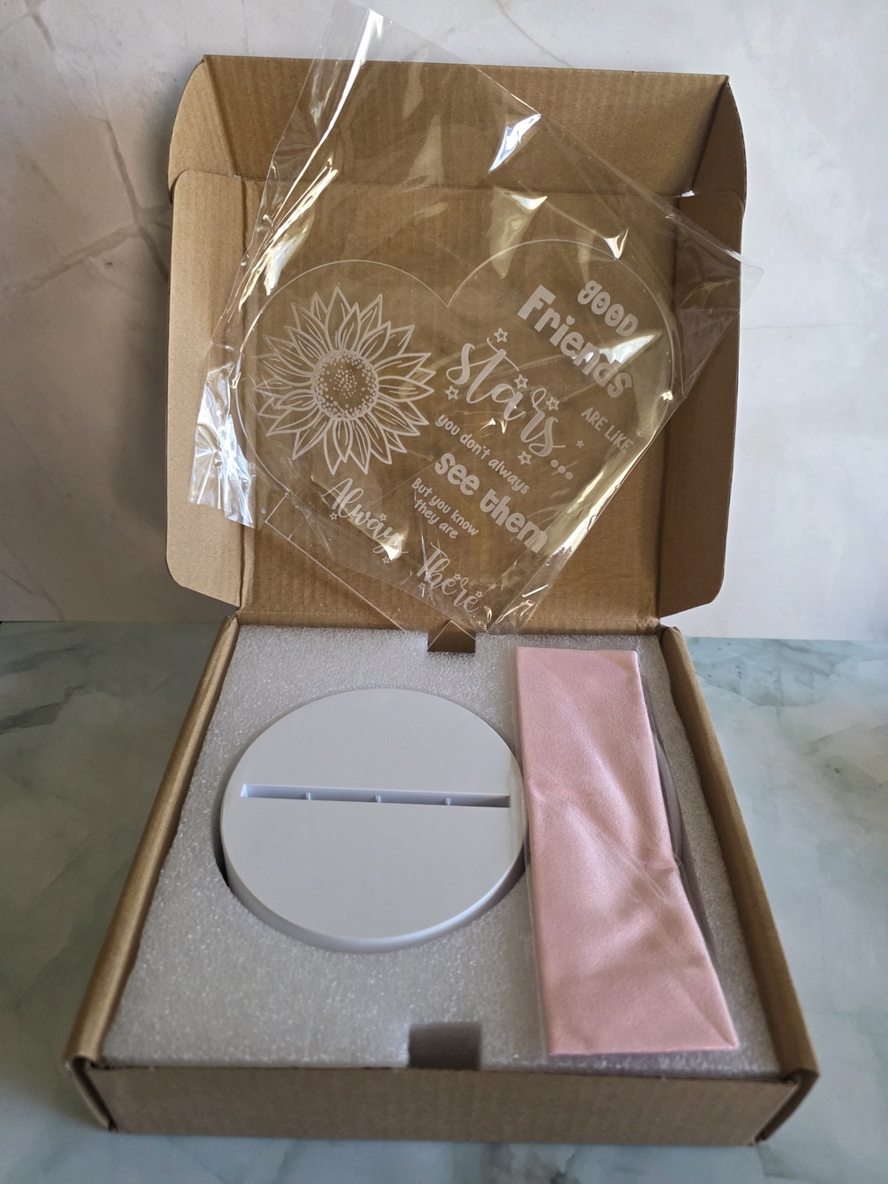 Clear Acrylic LED Plaque with Base and Cloth